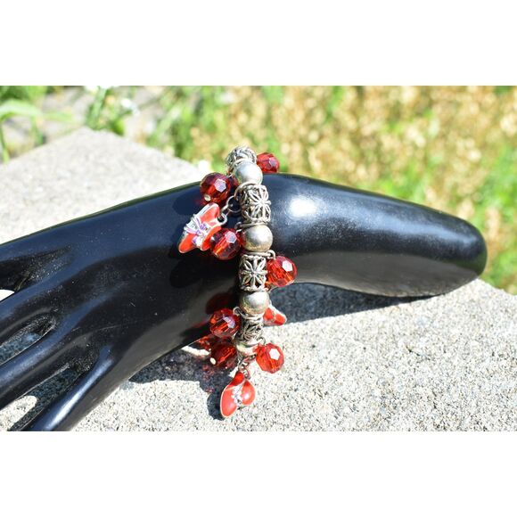 Red Charm Beaded Stretch Bracelet – Silver Tone Accents (Size 7”) - Picture 7 of 7
